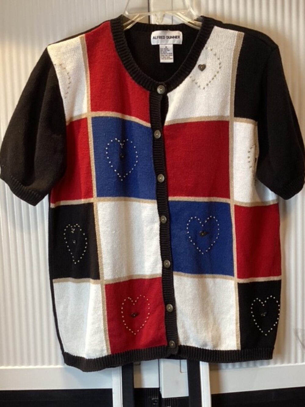Alfred Dunner Short Sleeve Sweater Button Up Size Medium Beaded &‎ Embellished